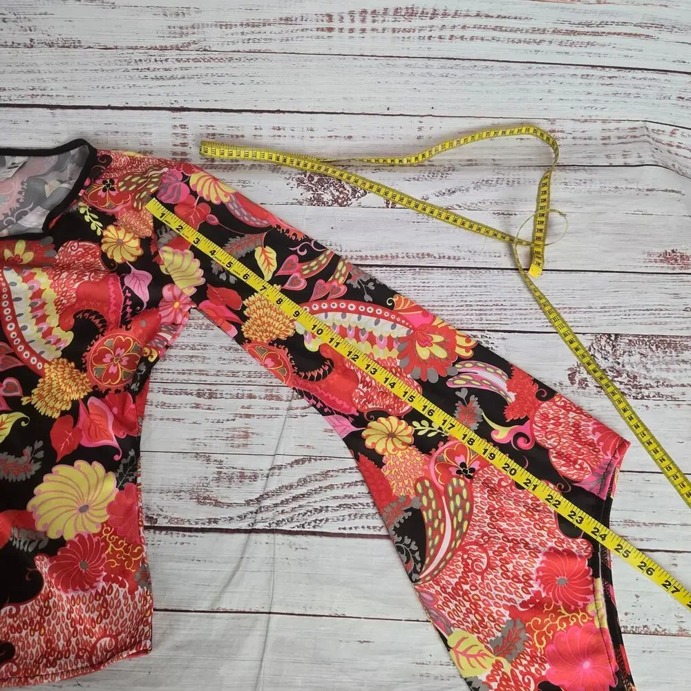 Boho Flower Power Hippy Top L 70s Psychedelic Silky Super Flare Sleeves Festival
